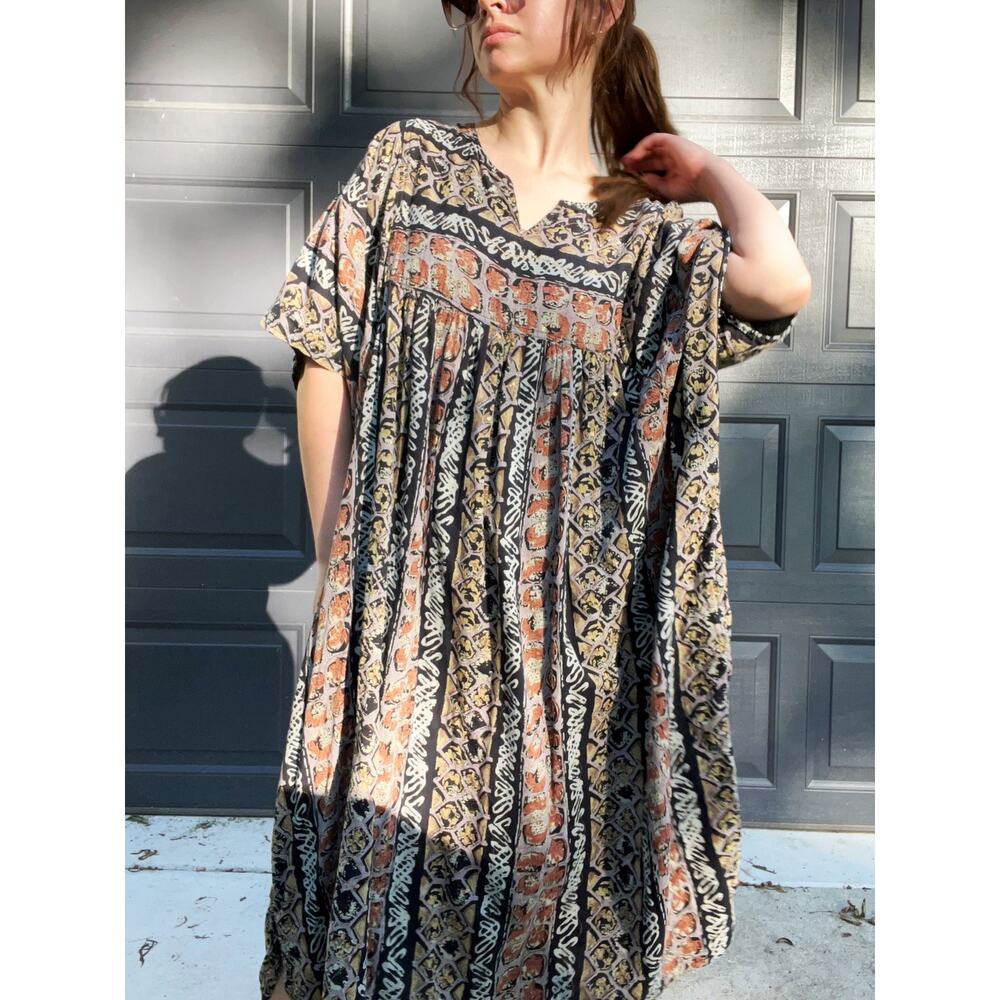 Vintage 90s Sita Cotton Black Gold Geometric Kaftan Dress, One Size